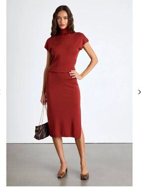 Ashford Rust Red Turtleneck Short Sleeve Sweater Midi Dress Size L